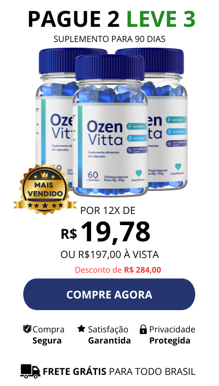 Imagem mostrando três potes de OzenVitta com valor de R$ 197,00 ou 12x de R$ 19,78 - Pague 2 leve 3