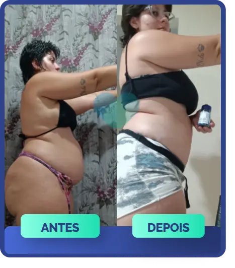 OzenVitta - Imagem dividida mostrando o antes e depois de uma mulher segurando um pote de OzenVitta. Na primeira parte da imagem ela aparece acima do peso e na outra parte, percebesse que houve uma perde de peso e gordura
