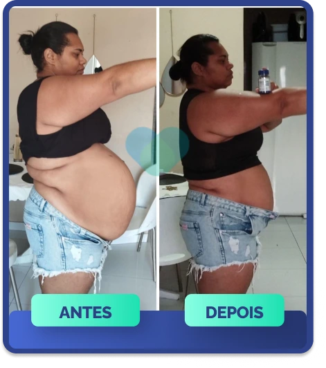 OzenVitta - Imagem dividida mostrando o antes e depois de uma mulher segurando um pote de OzenVitta. Na primeira parte da imagem ela aparece acima do peso e na outra parte, percebesse que houve uma perde de peso e gordura