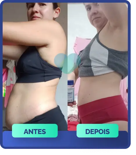 OzenVitta - Imagem dividida mostrando o antes e depois de uma mulher segurando um pote de OzenVitta. Na primeira parte da imagem ela aparece acima do peso e na outra parte, percebesse que houve uma perde de peso e gordura