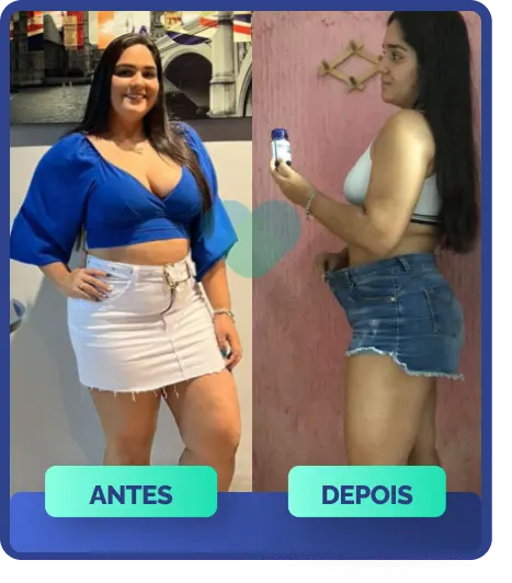 OzenVitta - Imagem dividida mostrando o antes e depois de uma mulher segurando um pote de OzenVitta. Na primeira parte da imagem ela aparece acima do peso e na outra parte, percebesse que houve uma perde de peso e gordura