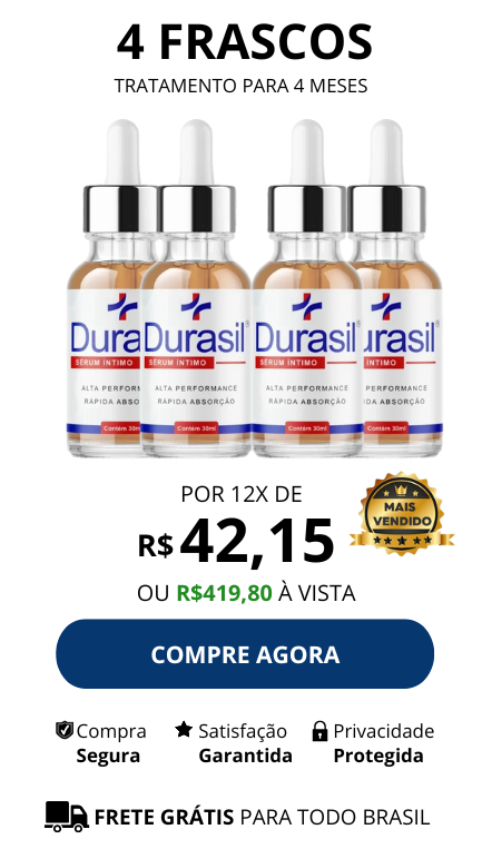 Imagem mostrando quatro frascos de Durasil com valor de R$ 419,80 ou 12x de R$ 42,15