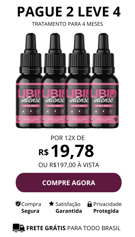 Imagem mostrando quatro frascos de Libid Intense com valor de R$ 197,00 ou 12x de R$ 19,78 - Pague 2 leve 4