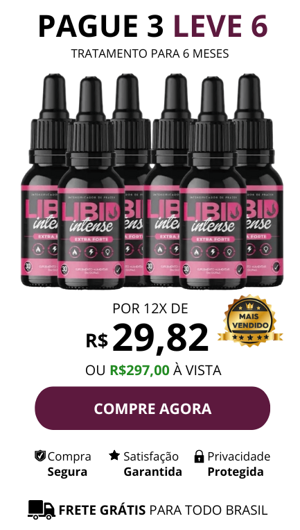 Imagem mostrando seis frascos de Libid Intense com valor de R$ 297,00 ou 12x de R$ 29,82 - Pague 3 leve 6
