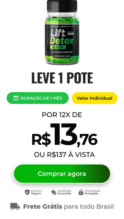 Imagem mostrando um pote de Lift Detox Black com valor de R$ 137,00 ou 12x de R$ 13,76