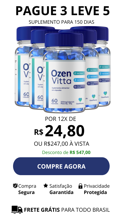 Imagem mostrando cinco potes de OzenVitta com valor de R$ 247,00 ou 12x de R$ 24,80 - Pague 3 leve 5