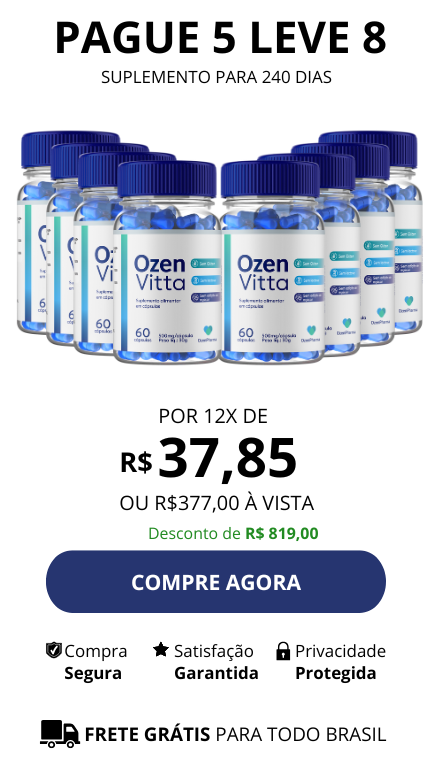 Imagem mostrando oito potes de OzenVitta com valor de R$ 377,00 ou 12x de R$ 37,85 - Pague 5 leve 8